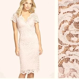 Marina Size 4 stretch lace champagne sheath dress